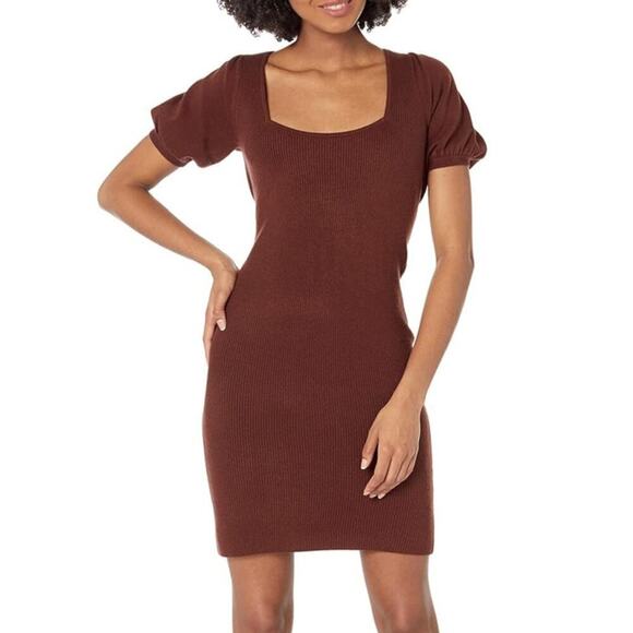 French Connection Babysoft Dress Rib Short Puff Sleeve Mini Chocolate Brown M - Picture 1 of 10